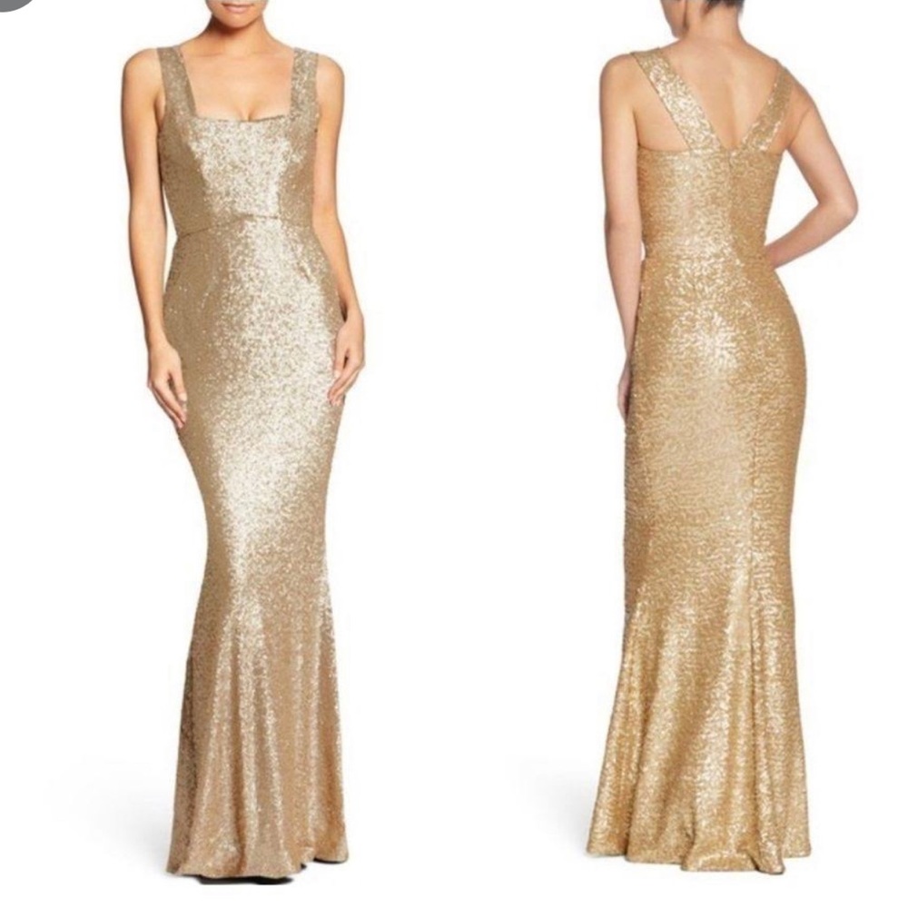 Dress The Population Gold Sequin Square Neck Mermaid Gown - Size Small